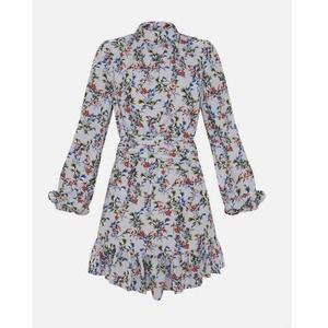 PRETTYLITTLETHING Blue Floral High Neck Frill Hem Dress Size 6 Long Sleeve